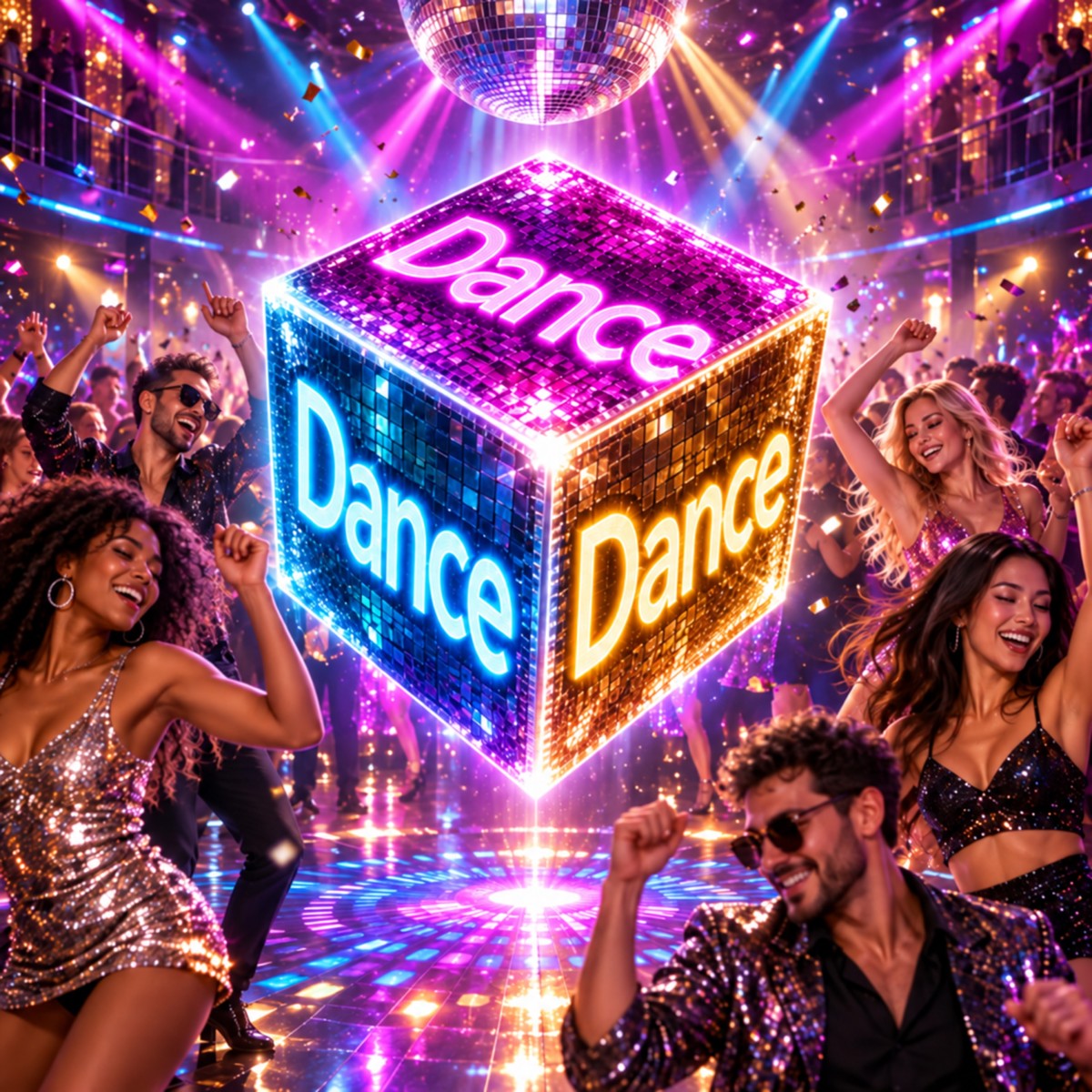 Dance Cubed cover artwork: a glowing disco cube surrounded by dancers.