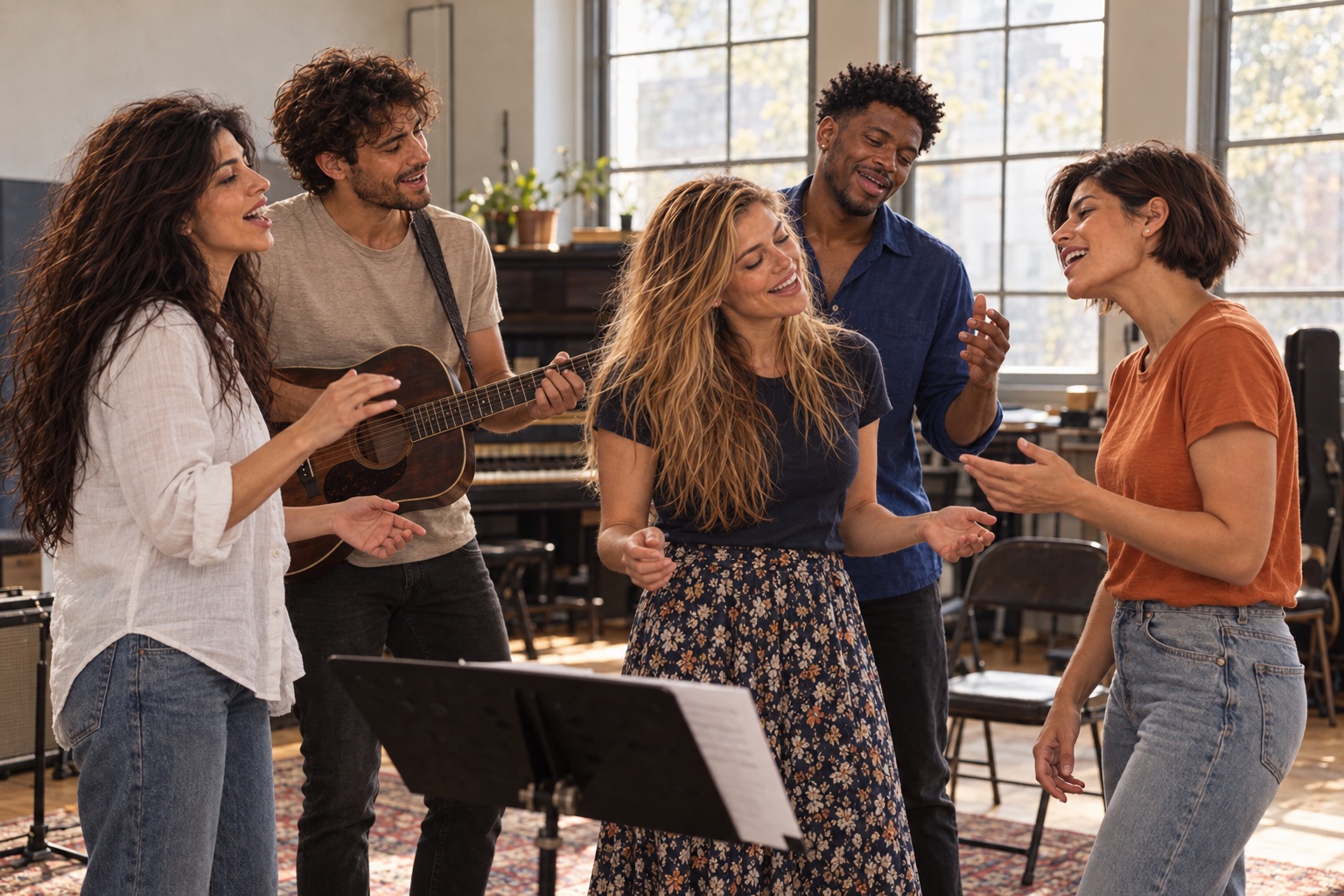 Whole group rehearsing harmonies.