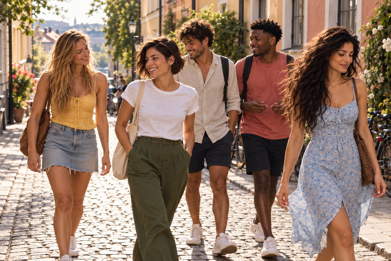 Group walking through Stockholm.