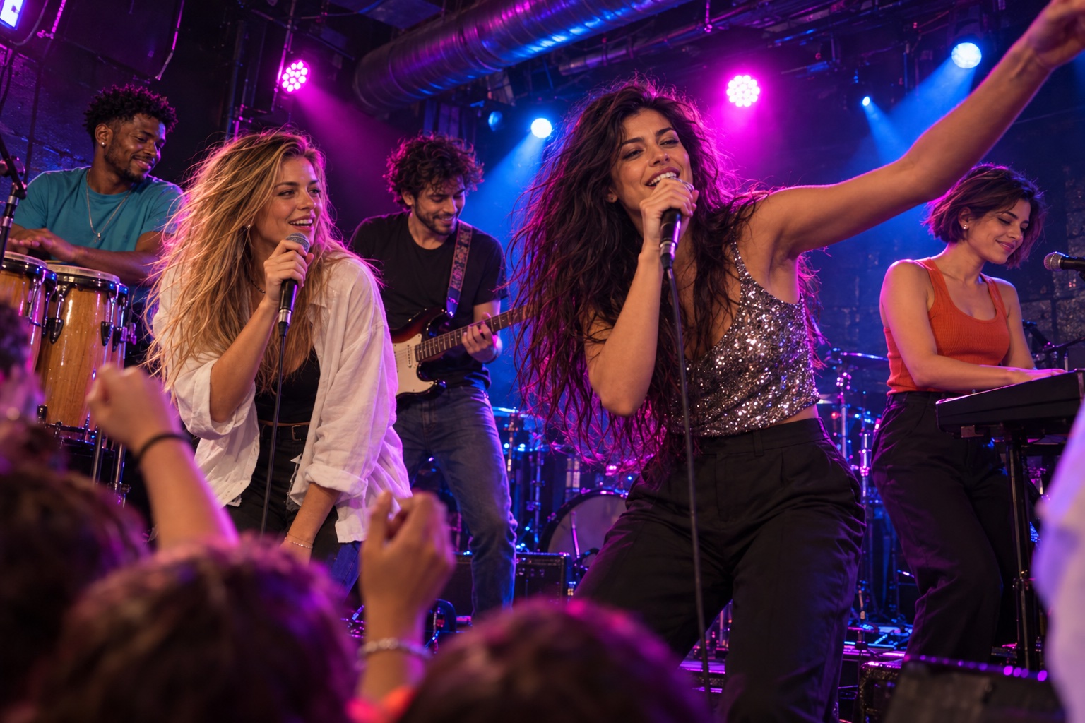 Gefea performing on a small club stage under vivid blue and pink lights.