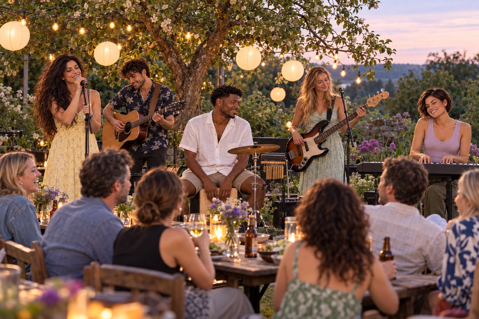 Gefea playing in a summer garden beneath paper lanterns, with guests enjoying wine and beer at tables.