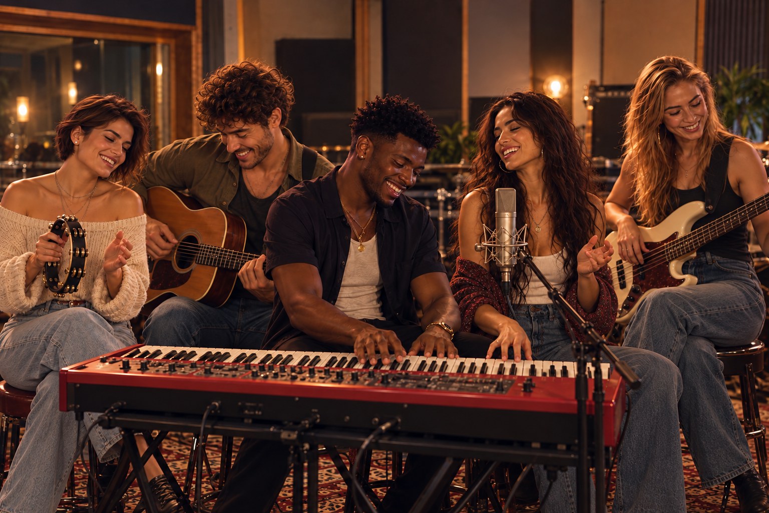 All five members sharing ideas and making music in their modest studio.